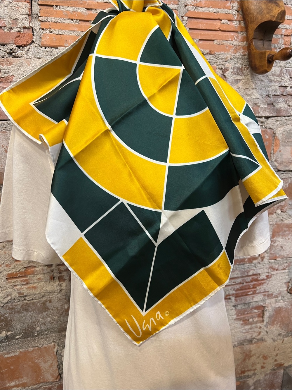 Vintage Vera Neumann Geometric poly Scarf in Green 22” square made in Japan